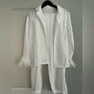 White Pajama set with Feather Cuffs (SMALL)